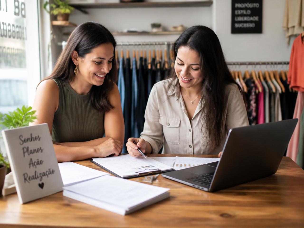 Empresária analisando informações do próprio negócio com apoio de uma consultora